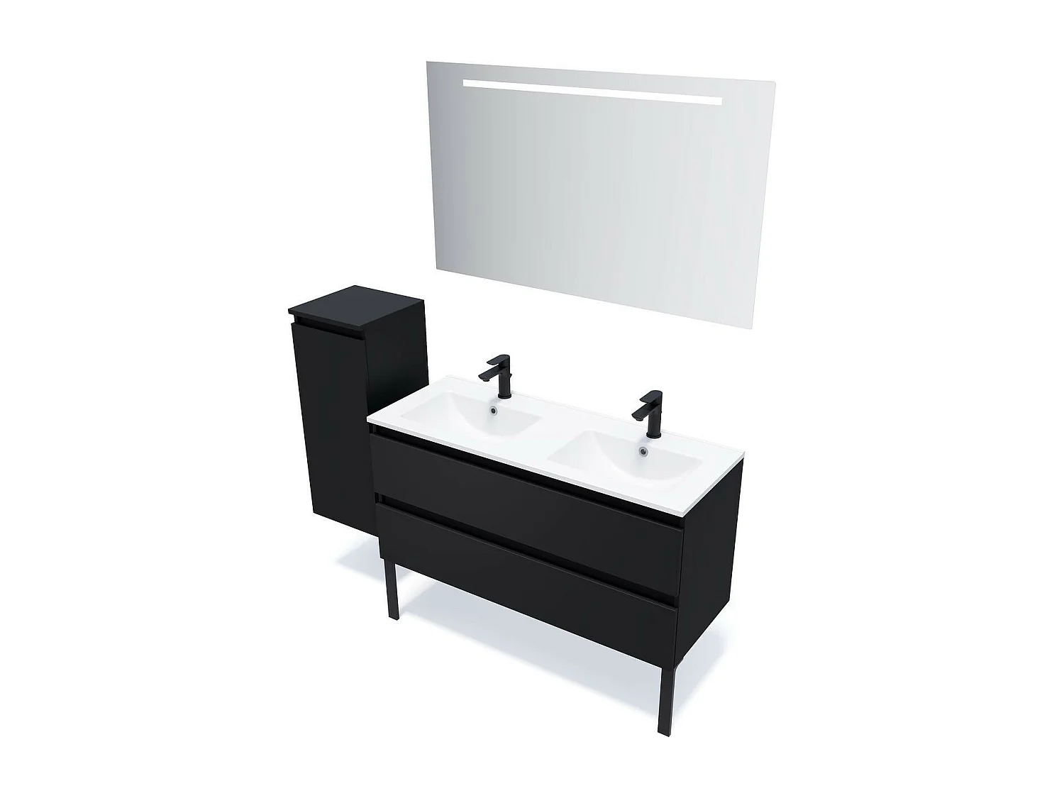 Meuble de salle de bain suspendu double vasque intégrée 120cm 2 tiroirs Noir + miroir - Hudson