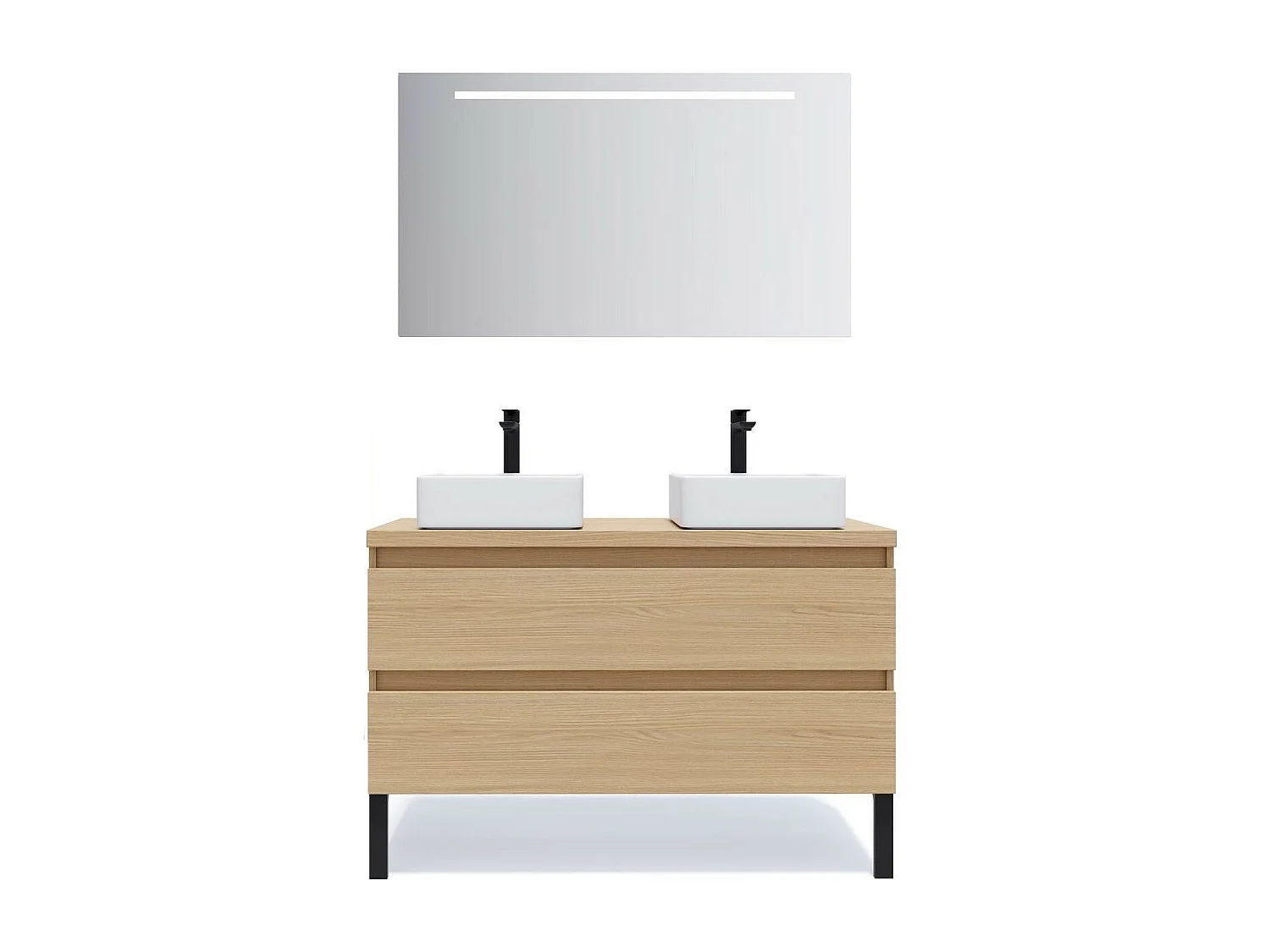 Meuble de salle de bain suspendu 2 vasques à poser 120cm 2 tiroirs Chêne clair + miroir - Hudson