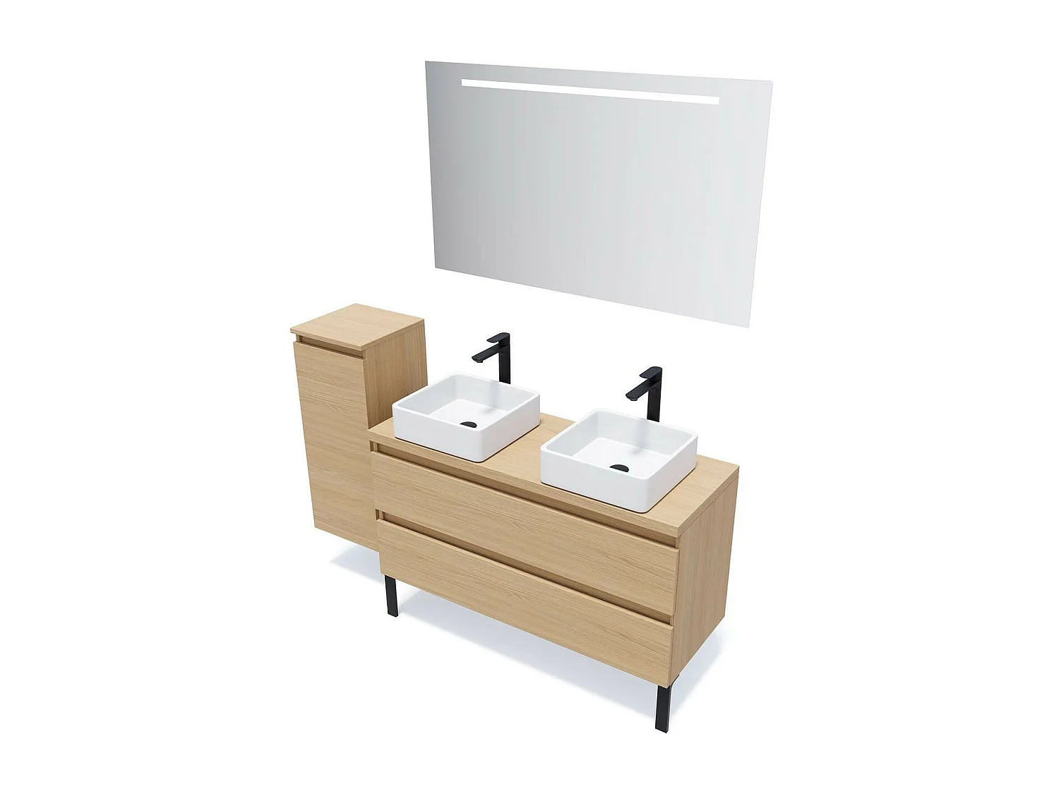 Meuble de salle de bain suspendu 2 vasques à poser 120cm 2 tiroirs Chêne clair + miroir - Hudson