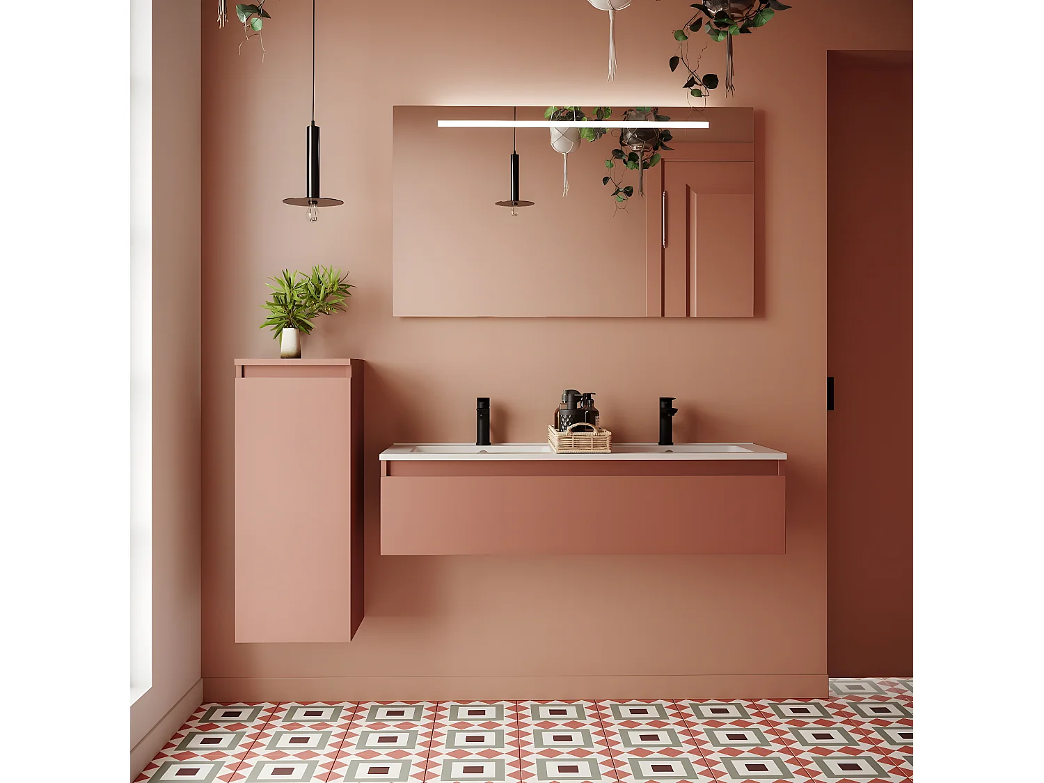 Meuble de salle de bain suspendu double vasque intégrée 120cm 1 tiroir Abricot + miroir - Hudson