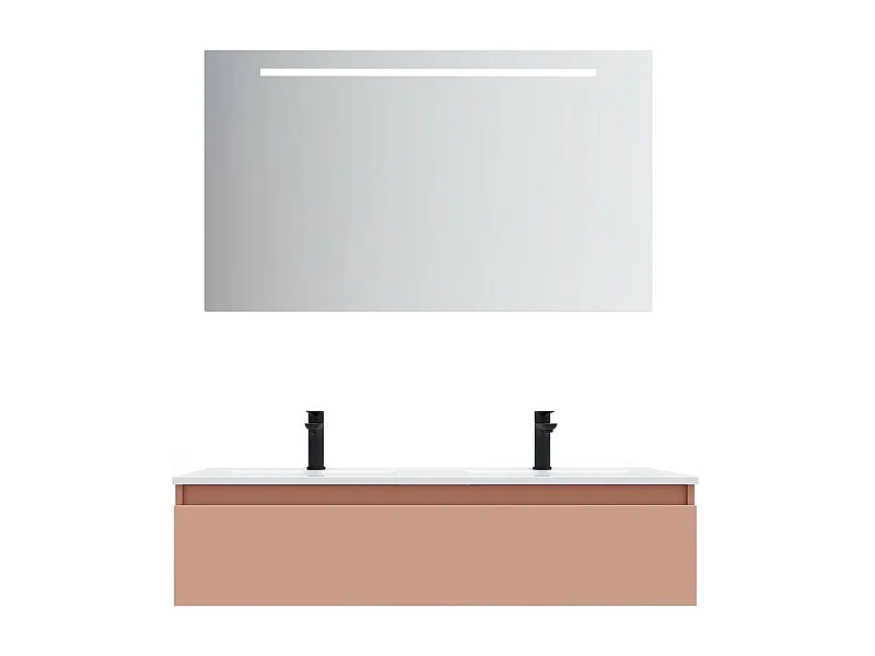 Meuble de salle de bain suspendu double vasque intégrée 120cm 1 tiroir Abricot + miroir - Hudson