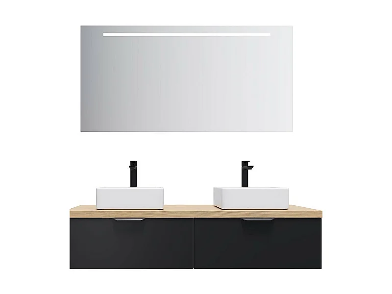 Meuble de salle de bain suspendu 2 vasques à poser 140cm 2 tiroirs Noir + miroir - Soho