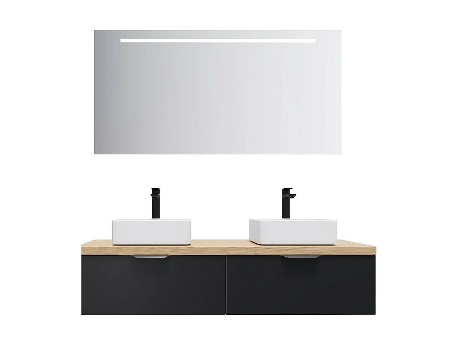 Meuble de salle de bain suspendu 2 vasques à poser 140cm 2 tiroirs Noir + miroir - Soho
