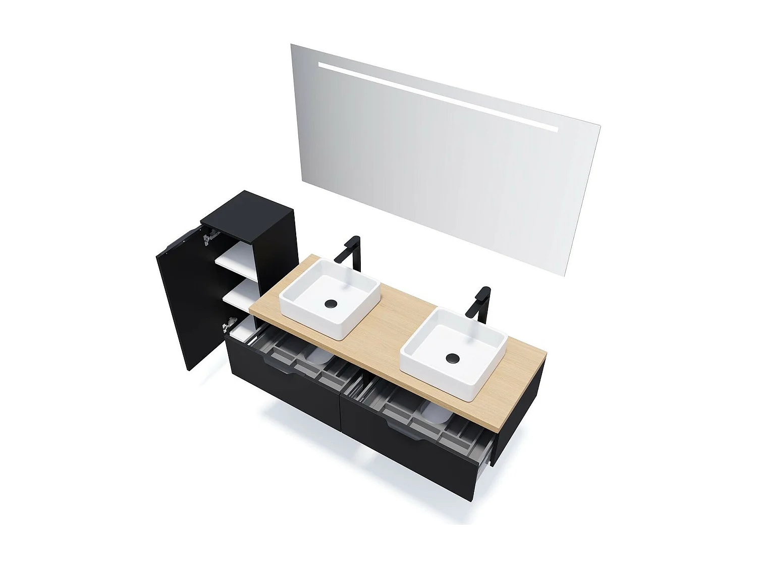 Meuble de salle de bain suspendu 2 vasques à poser 140cm 2 tiroirs Noir + miroir - Soho