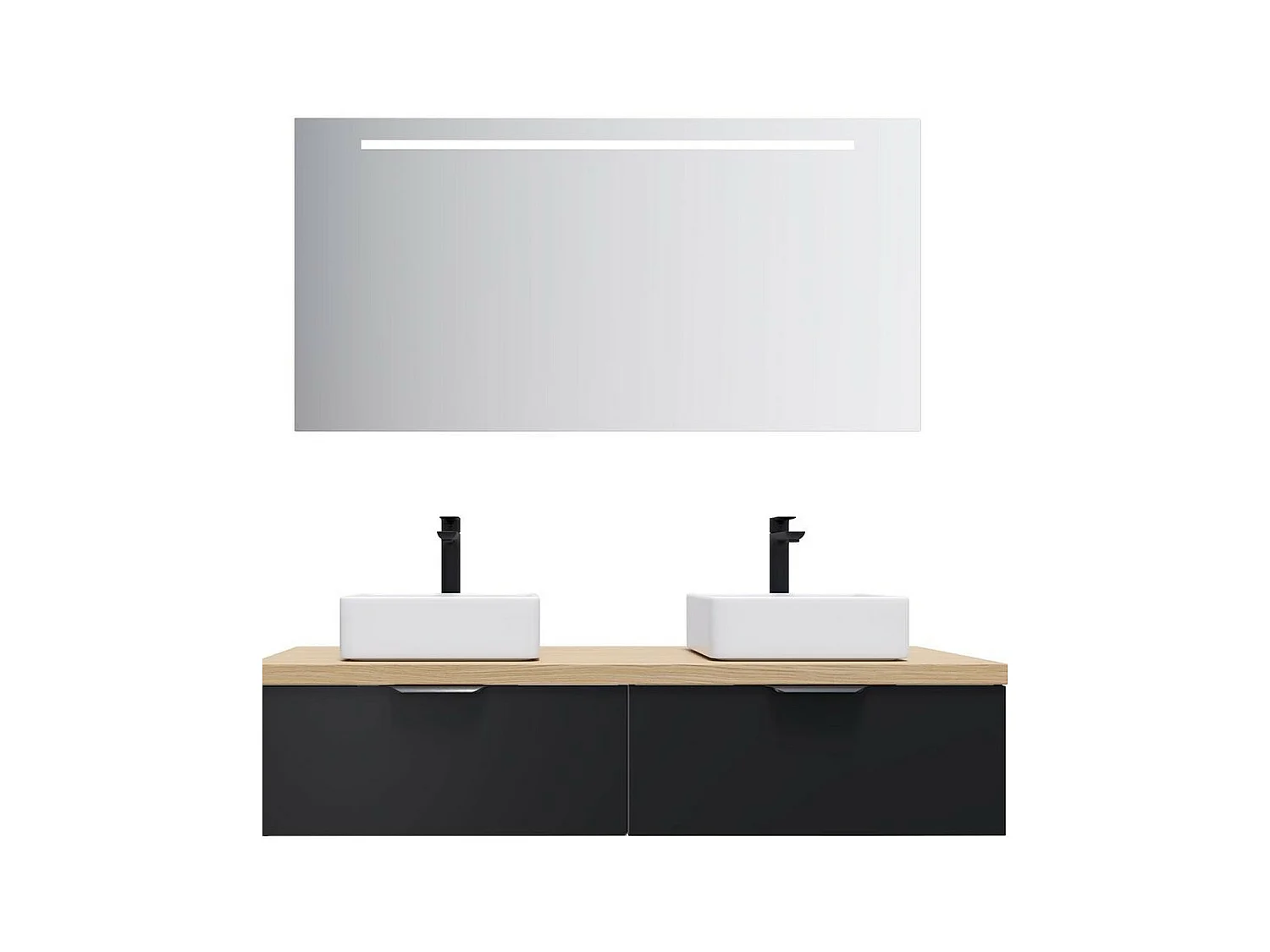 Meuble de salle de bain suspendu 2 vasques à poser 140cm 2 tiroirs Noir + miroir - Soho