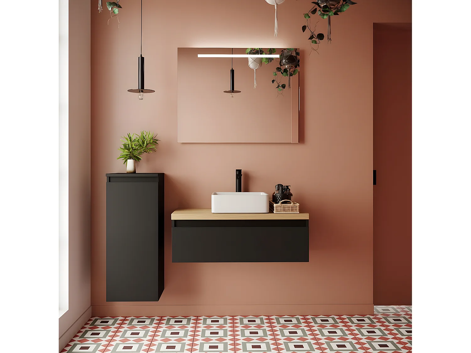 Meuble de salle de bain suspendu vasque à poser 90cm 1 tiroir Noir + miroir - Hudson