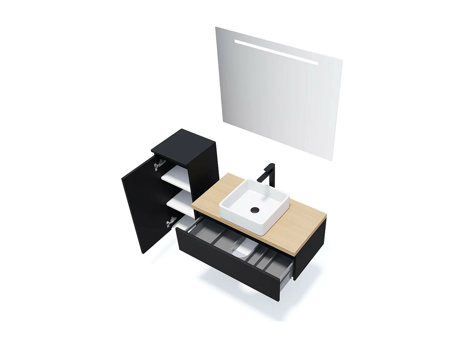 Meuble de salle de bain suspendu vasque à poser 90cm 1 tiroir Noir + miroir - Hudson