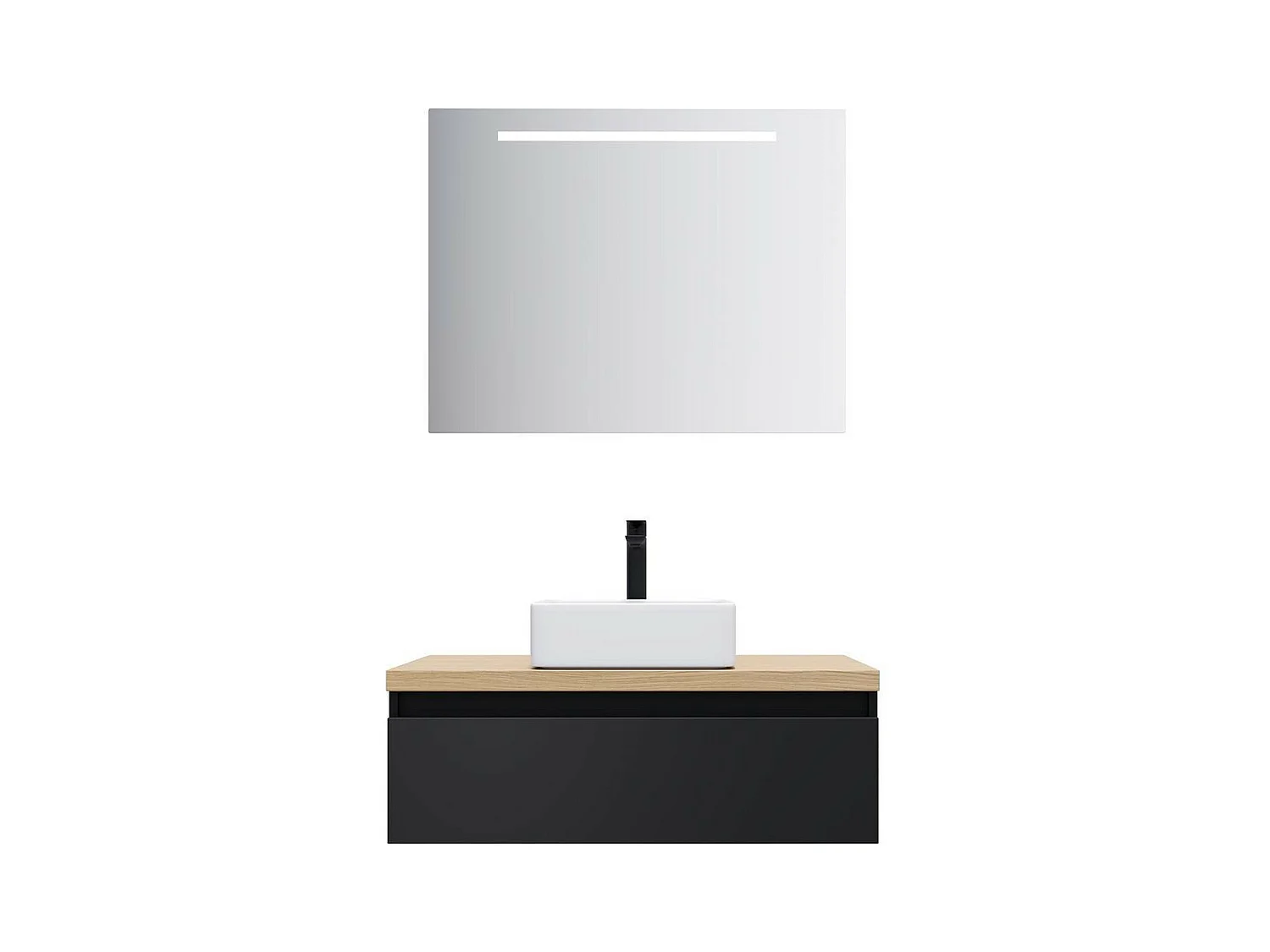 Meuble de salle de bain suspendu vasque à poser 90cm 1 tiroir Noir + miroir - Hudson