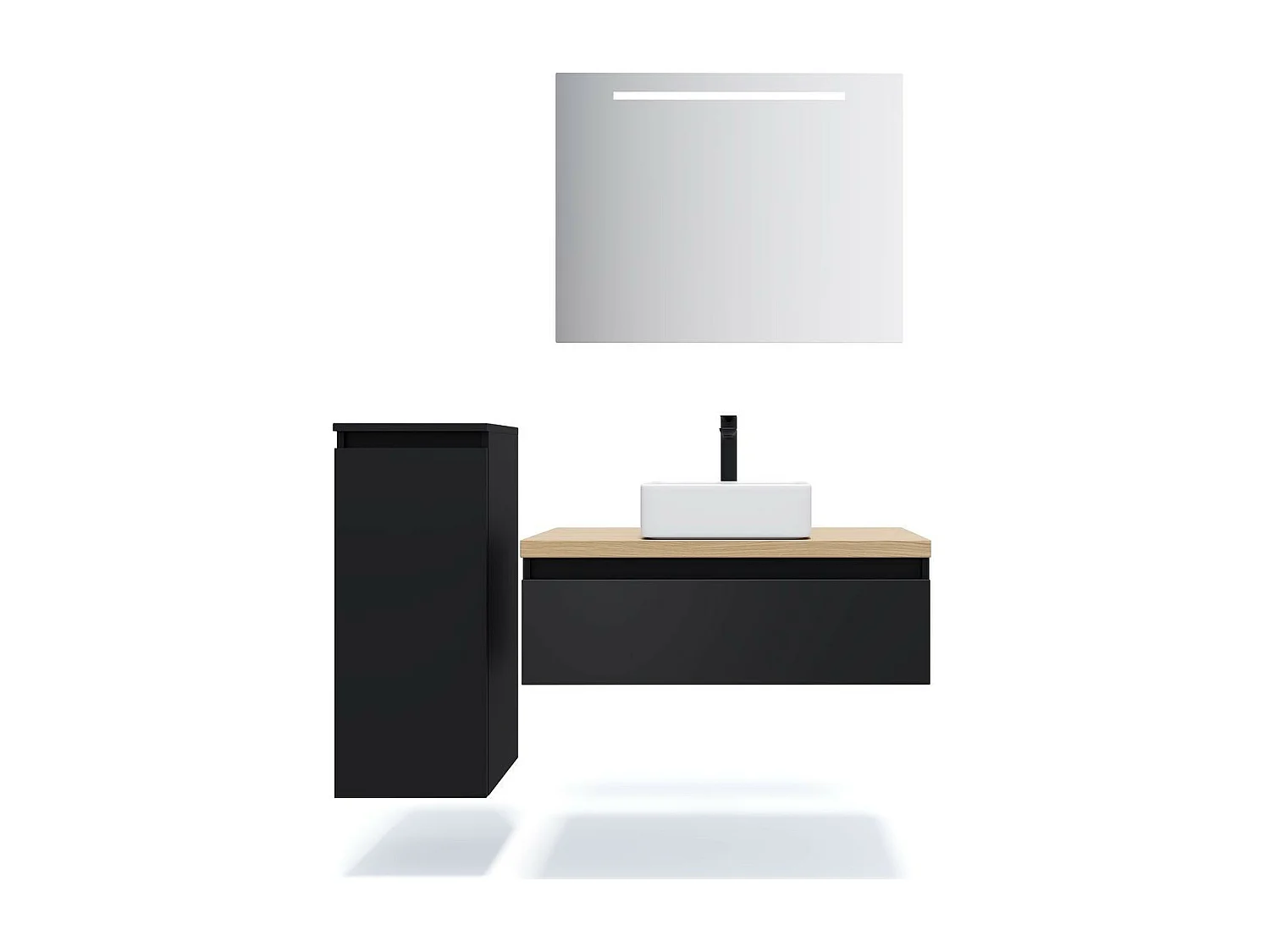 Meuble de salle de bain suspendu vasque à poser 90cm 1 tiroir Noir + miroir - Hudson