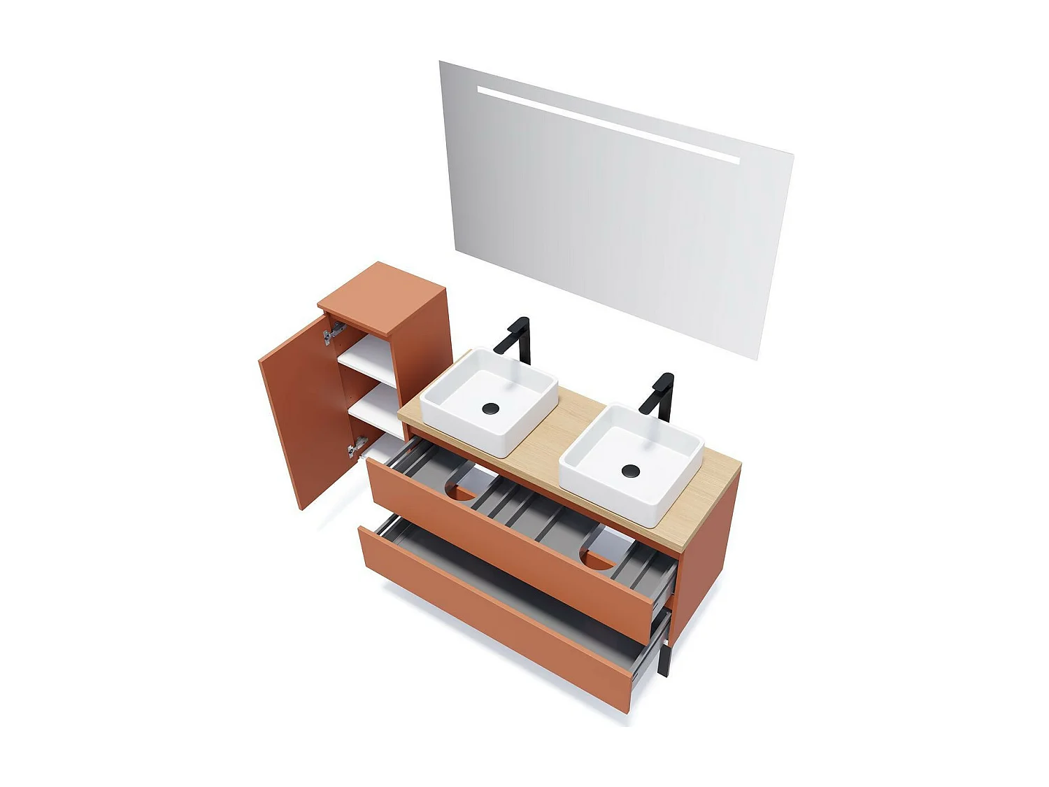 Meuble de salle de bain suspendu 2 vasques à poser 120cm 2 tiroirs Terracotta + miroir - Hudson