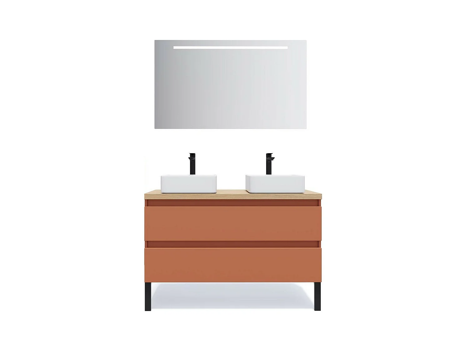 Meuble de salle de bain suspendu 2 vasques à poser 120cm 2 tiroirs Terracotta + miroir - Hudson