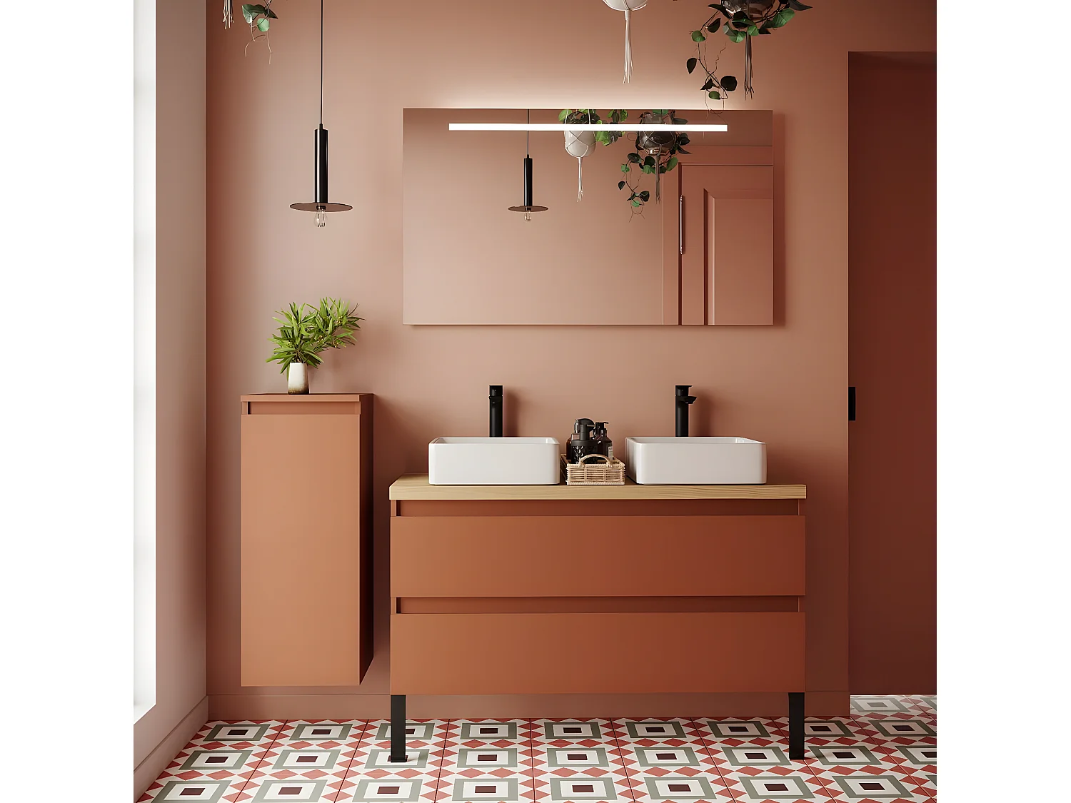 Meuble de salle de bain suspendu 2 vasques à poser 120cm 2 tiroirs Terracotta + miroir - Hudson