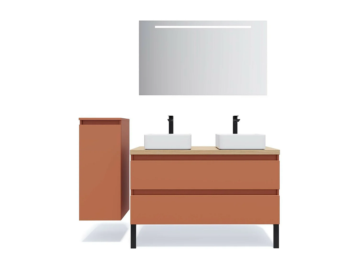 Meuble de salle de bain suspendu 2 vasques à poser 120cm 2 tiroirs Terracotta + miroir - Hudson