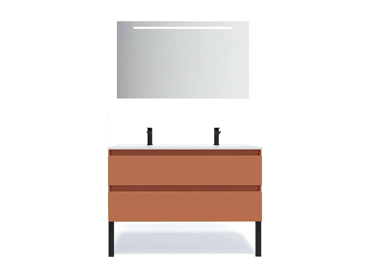 Meuble de salle de bain suspendu double vasque intégrée 120cm 2 tiroirs Terracotta + miroir - Hudson