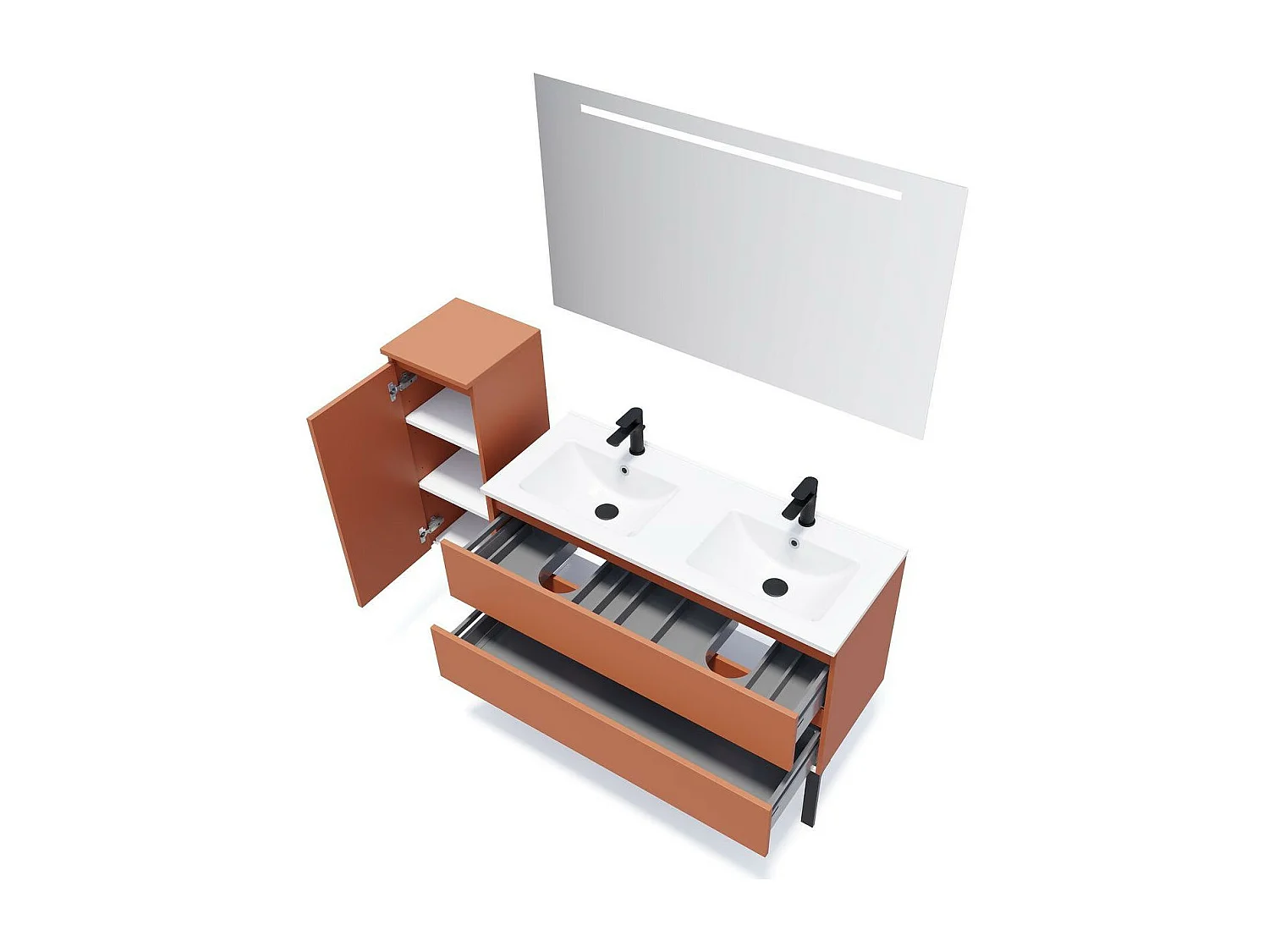 Meuble de salle de bain suspendu double vasque intégrée 120cm 2 tiroirs Terracotta + miroir - Hudson