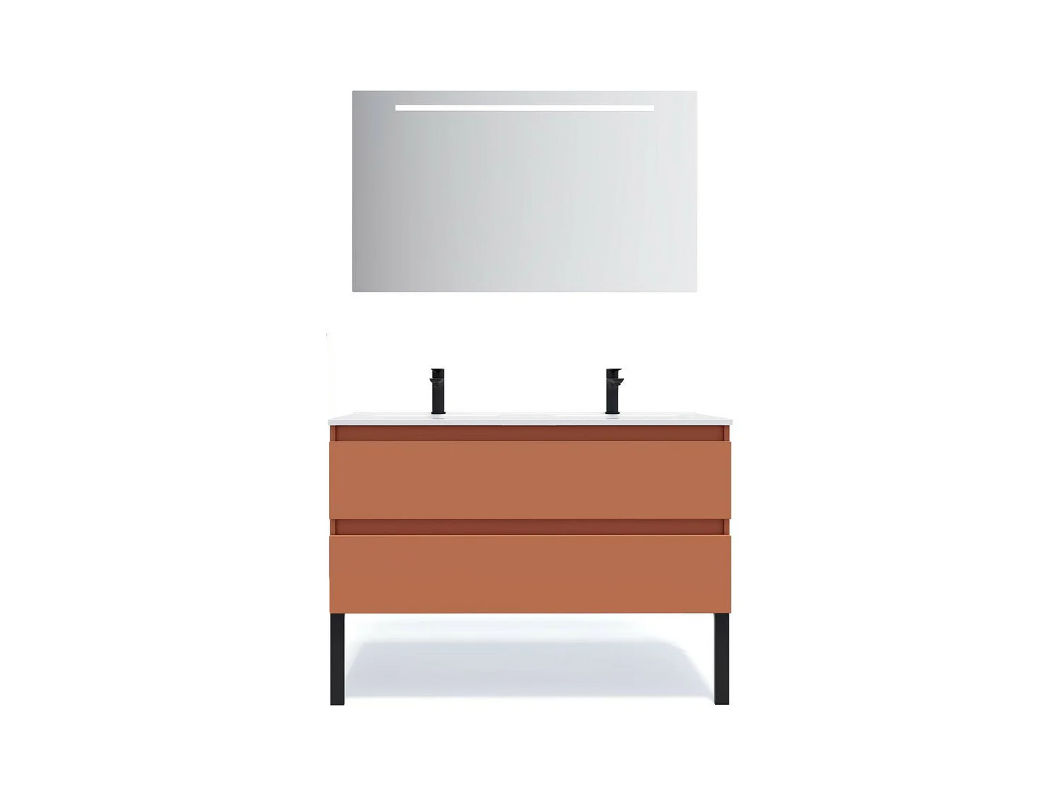 Meuble de salle de bain suspendu double vasque intégrée 120cm 2 tiroirs Terracotta + miroir - Hudson