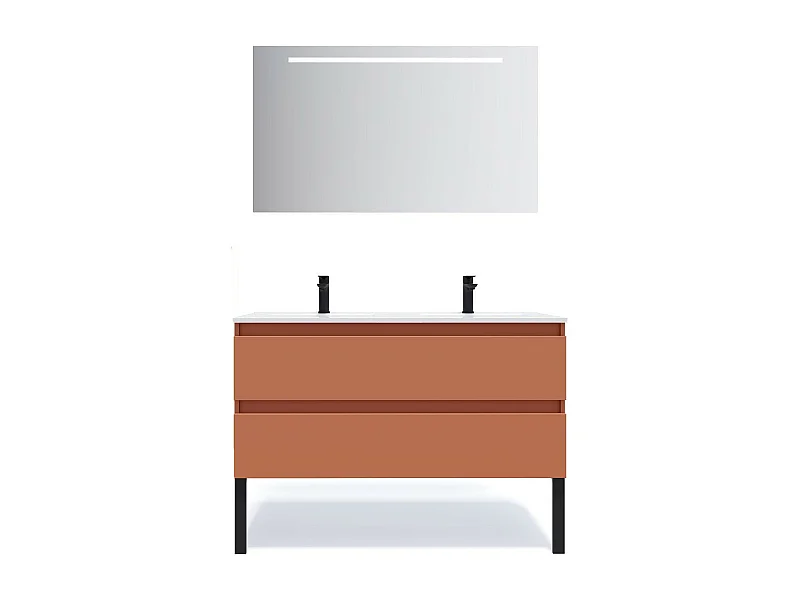 Meuble de salle de bain suspendu double vasque intégrée 120cm 2 tiroirs Terracotta + miroir - Hudson