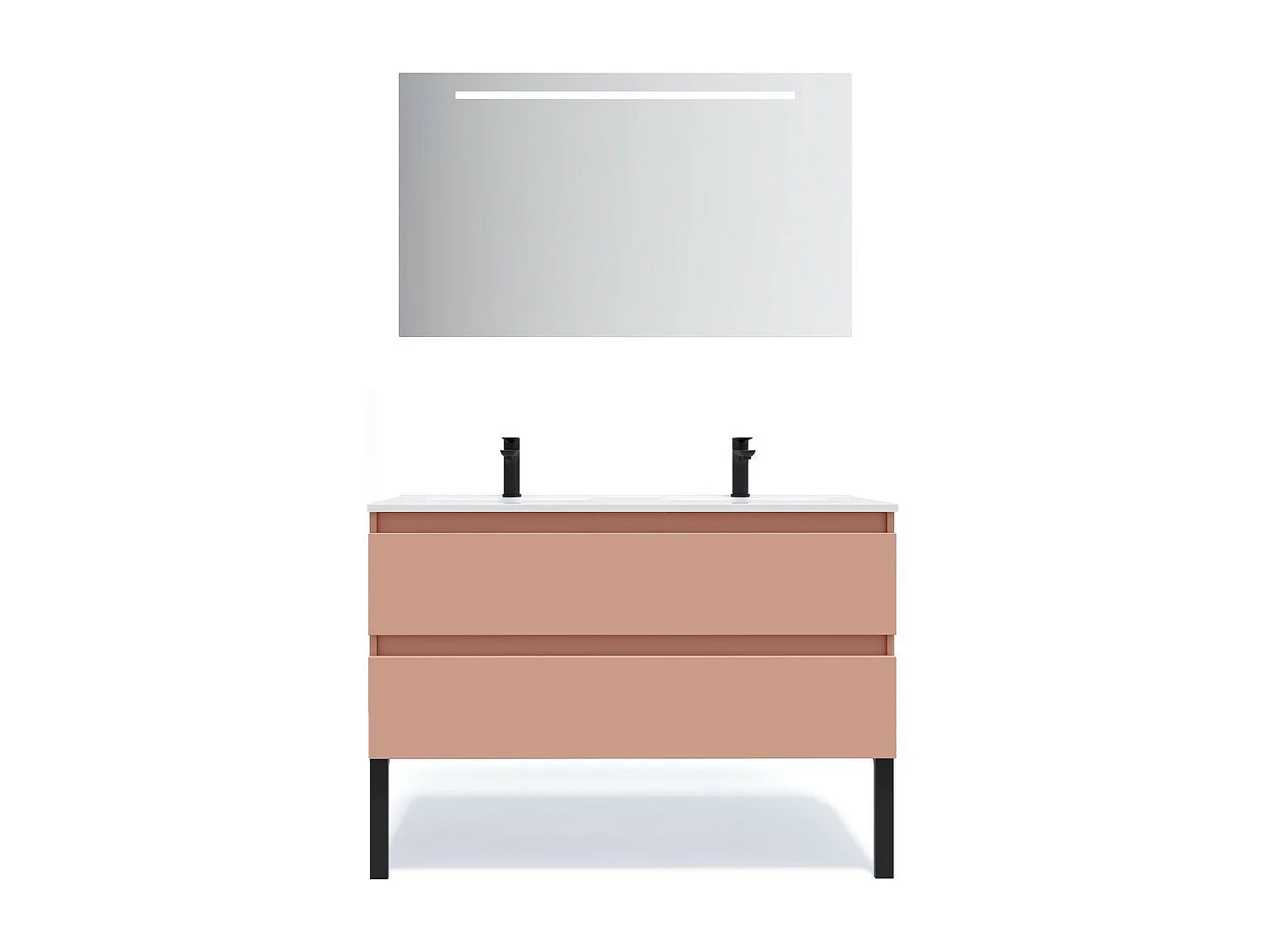 Meuble de salle de bain suspendu double vasque intégrée 120cm 2 tiroirs Abricot + miroir - Hudson