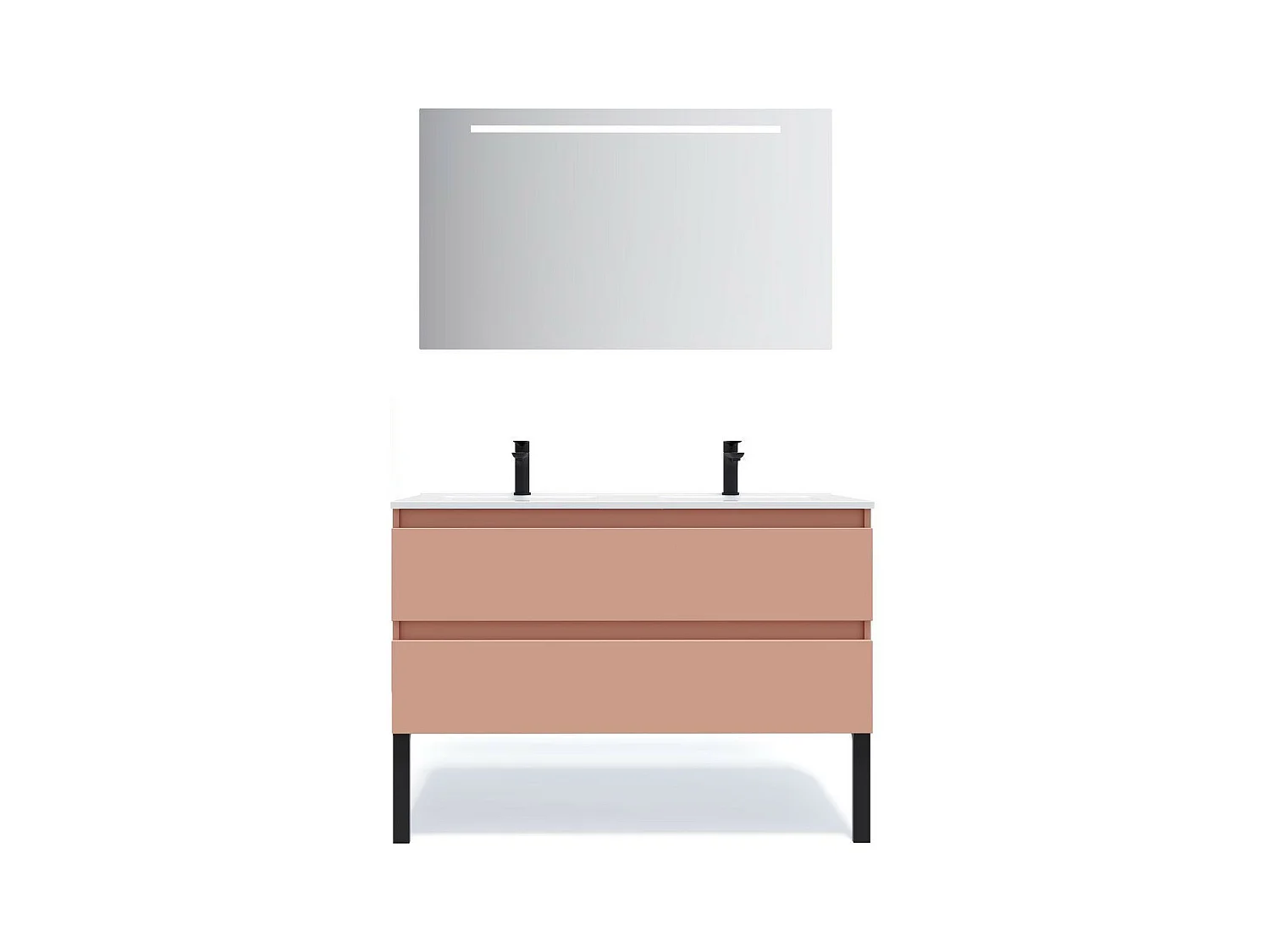 Meuble de salle de bain suspendu double vasque intégrée 120cm 2 tiroirs Abricot + miroir - Hudson