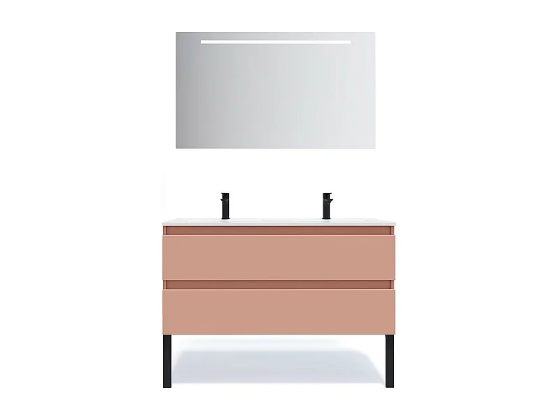 Meuble de salle de bain suspendu double vasque intégrée 120cm 2 tiroirs Abricot + miroir - Hudson