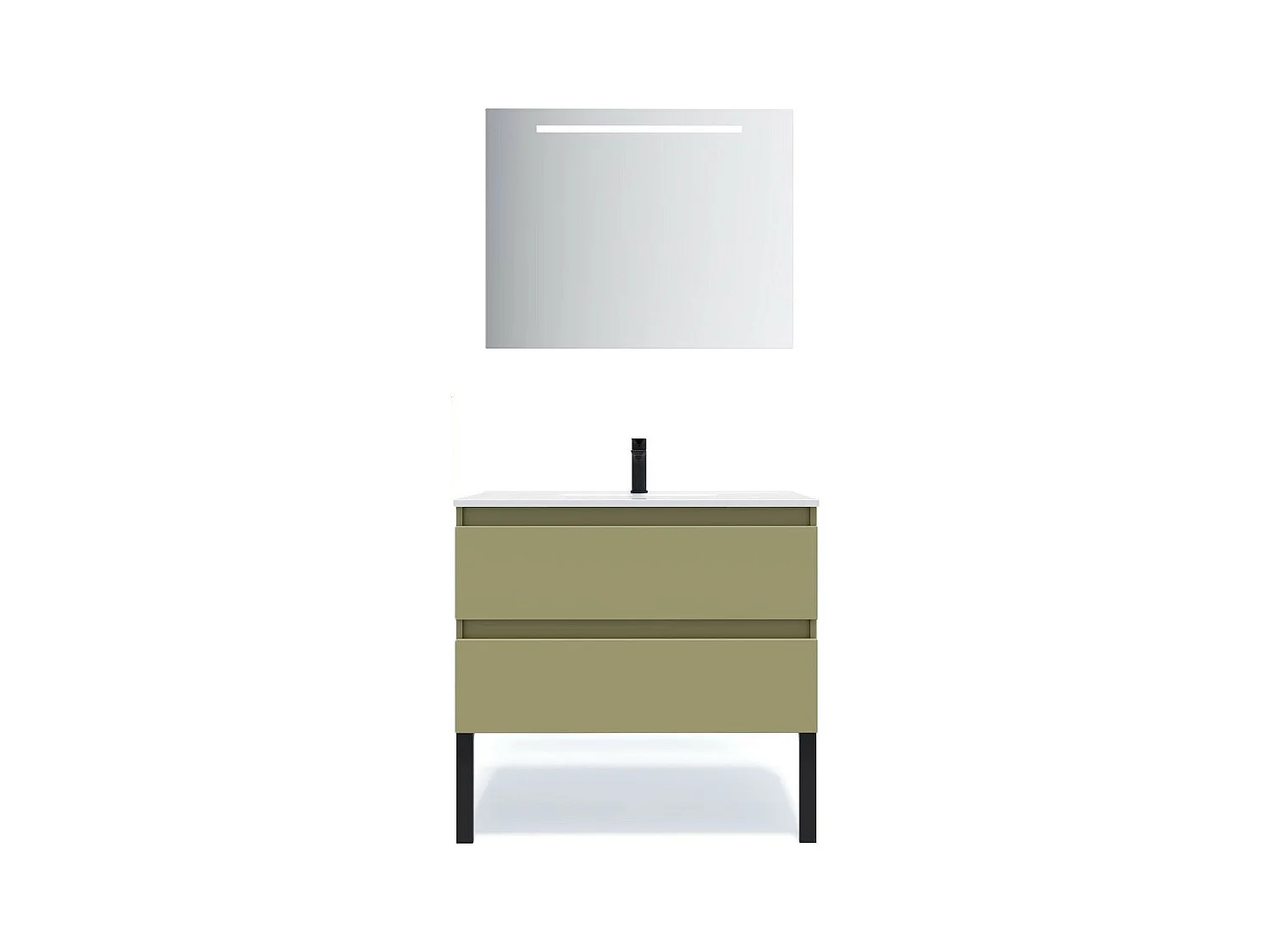 Meuble de salle de bain suspendu vasque intégrée 90cm 2 tiroirs Vert olive + miroir - Hudson