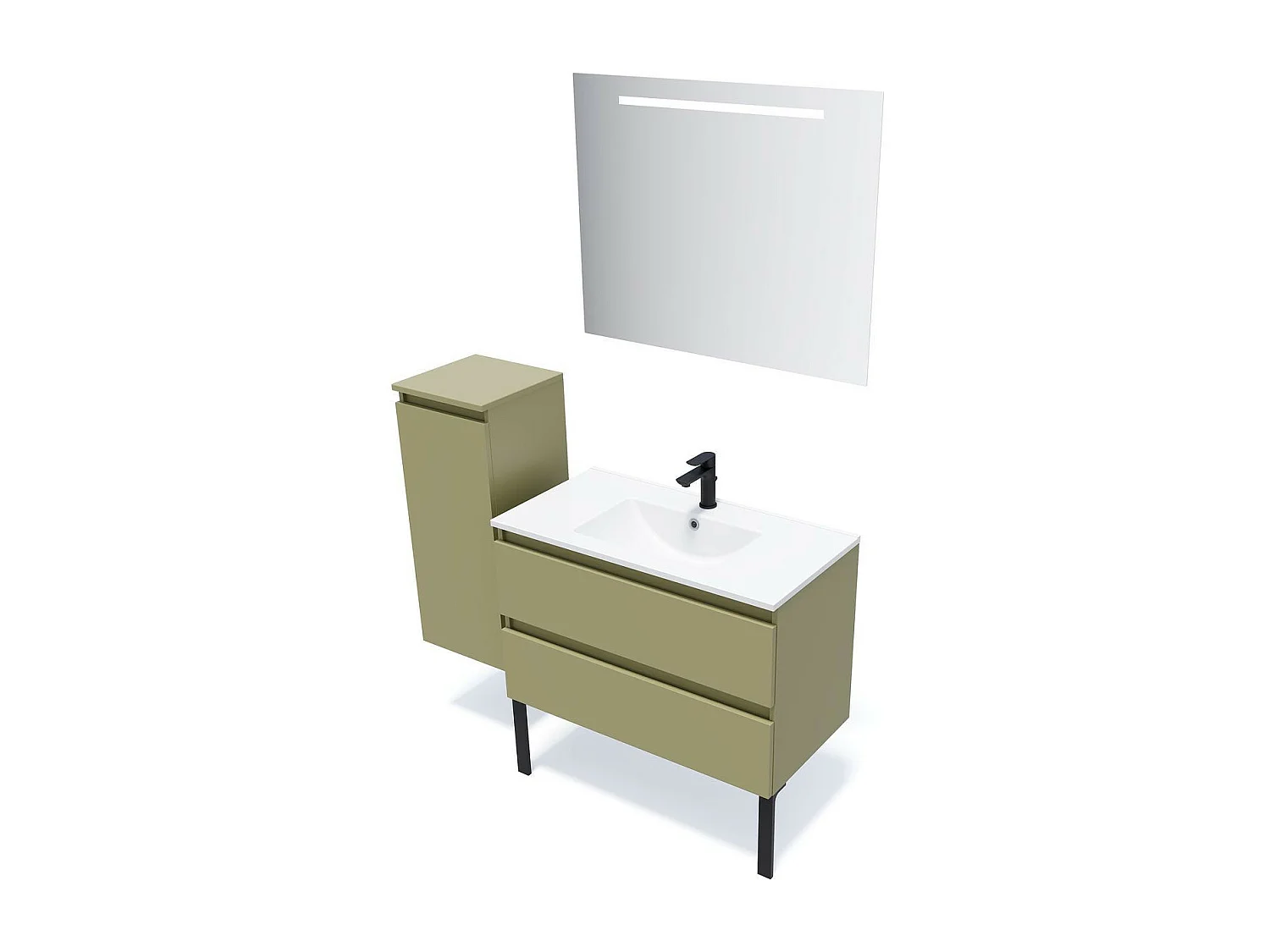 Meuble de salle de bain suspendu vasque intégrée 90cm 2 tiroirs Vert olive + miroir - Hudson