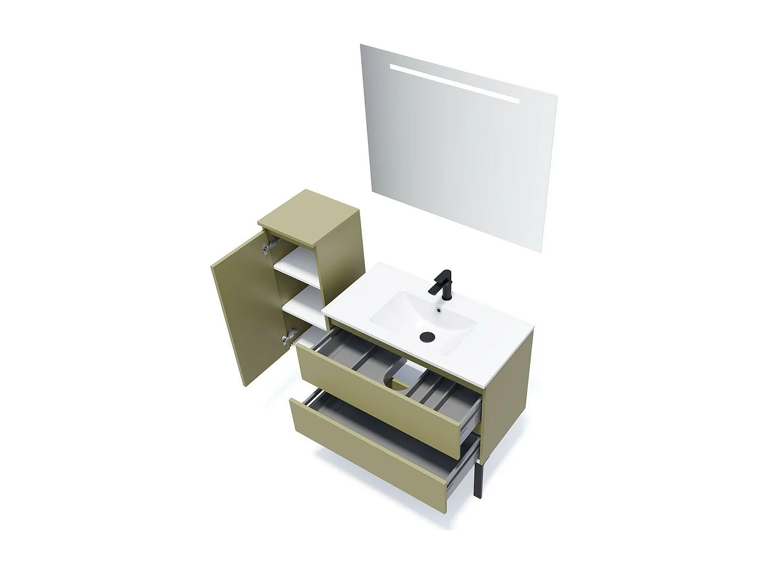 Meuble de salle de bain suspendu vasque intégrée 90cm 2 tiroirs Vert olive + miroir - Hudson