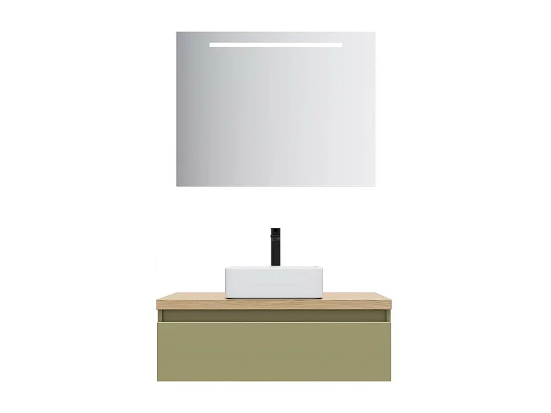 Meuble de salle de bain suspendu vasque à poser 90cm 1 tiroir Vert olive + miroir - Hudson
