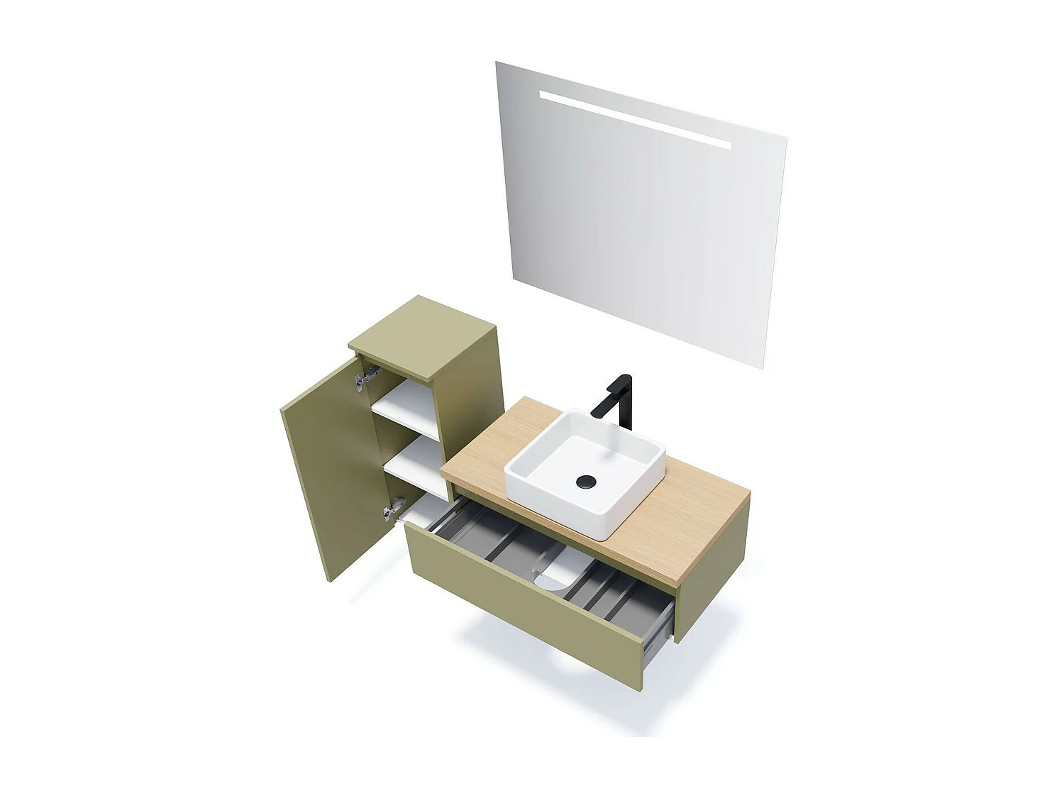 Meuble de salle de bain suspendu vasque à poser 90cm 1 tiroir Vert olive + miroir - Hudson