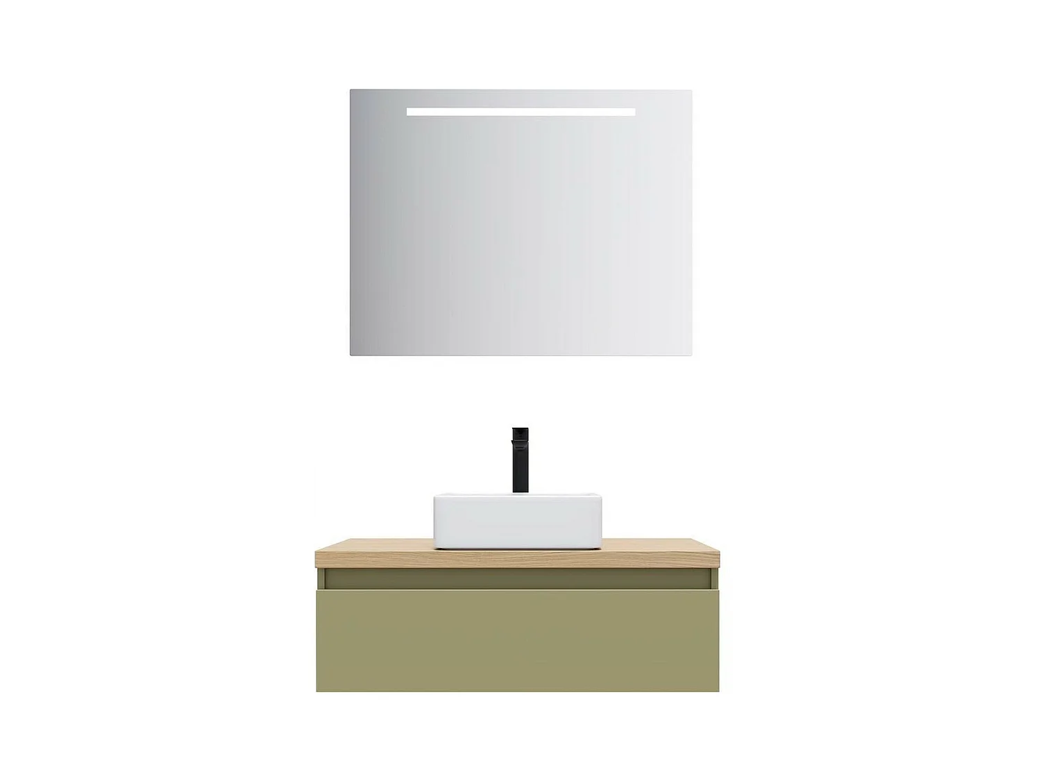 Meuble de salle de bain suspendu vasque à poser 90cm 1 tiroir Vert olive + miroir - Hudson