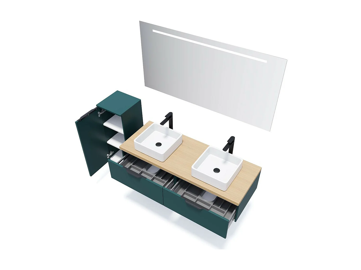 Meuble de salle de bain suspendu 2 vasques à poser 140cm 2 tiroirs Bleu + miroir - Soho