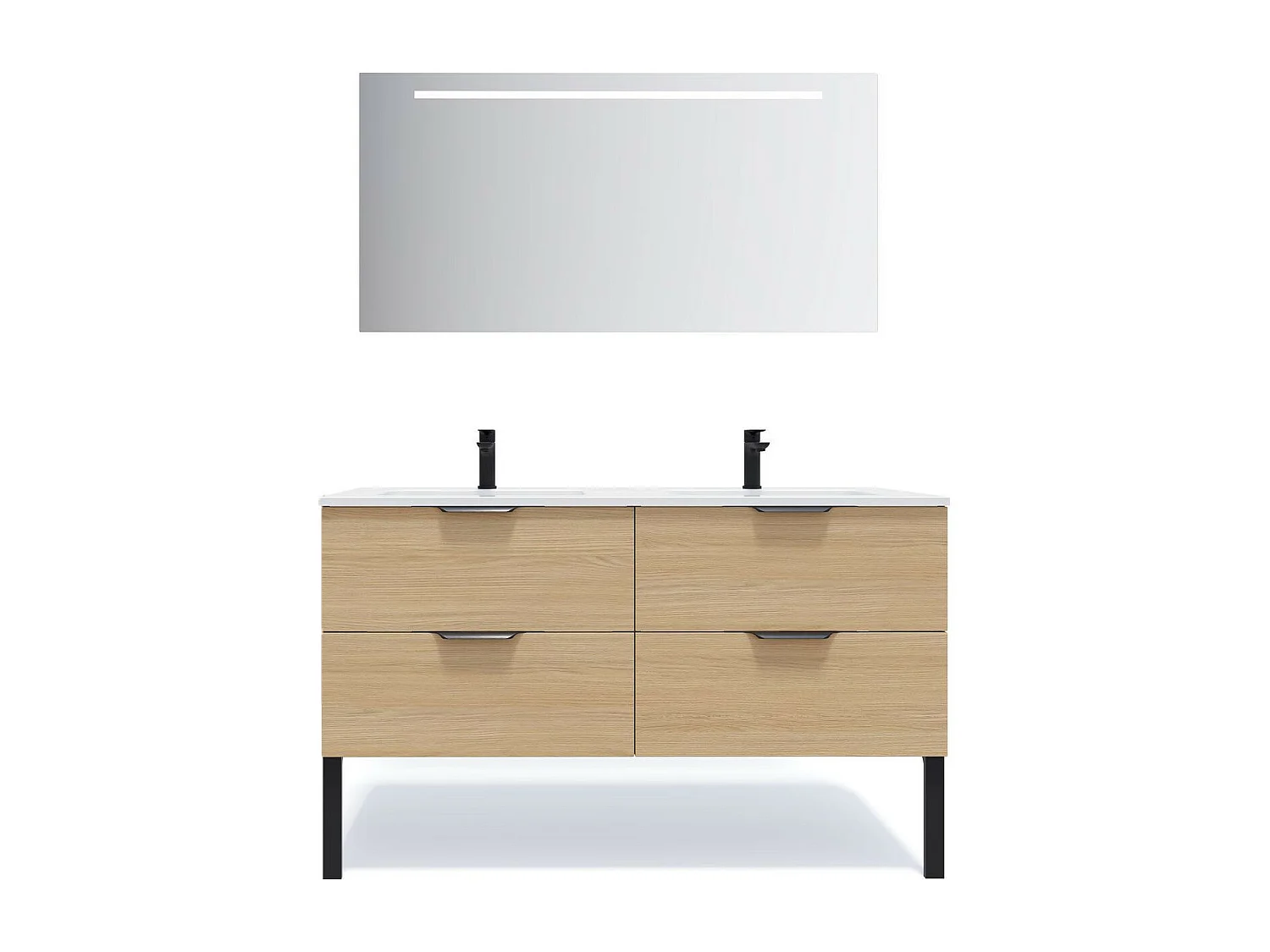 Meuble de salle de bain suspendu double vasque intégrée 140cm 4 tiroirs Chêne clair + miroir - Soho