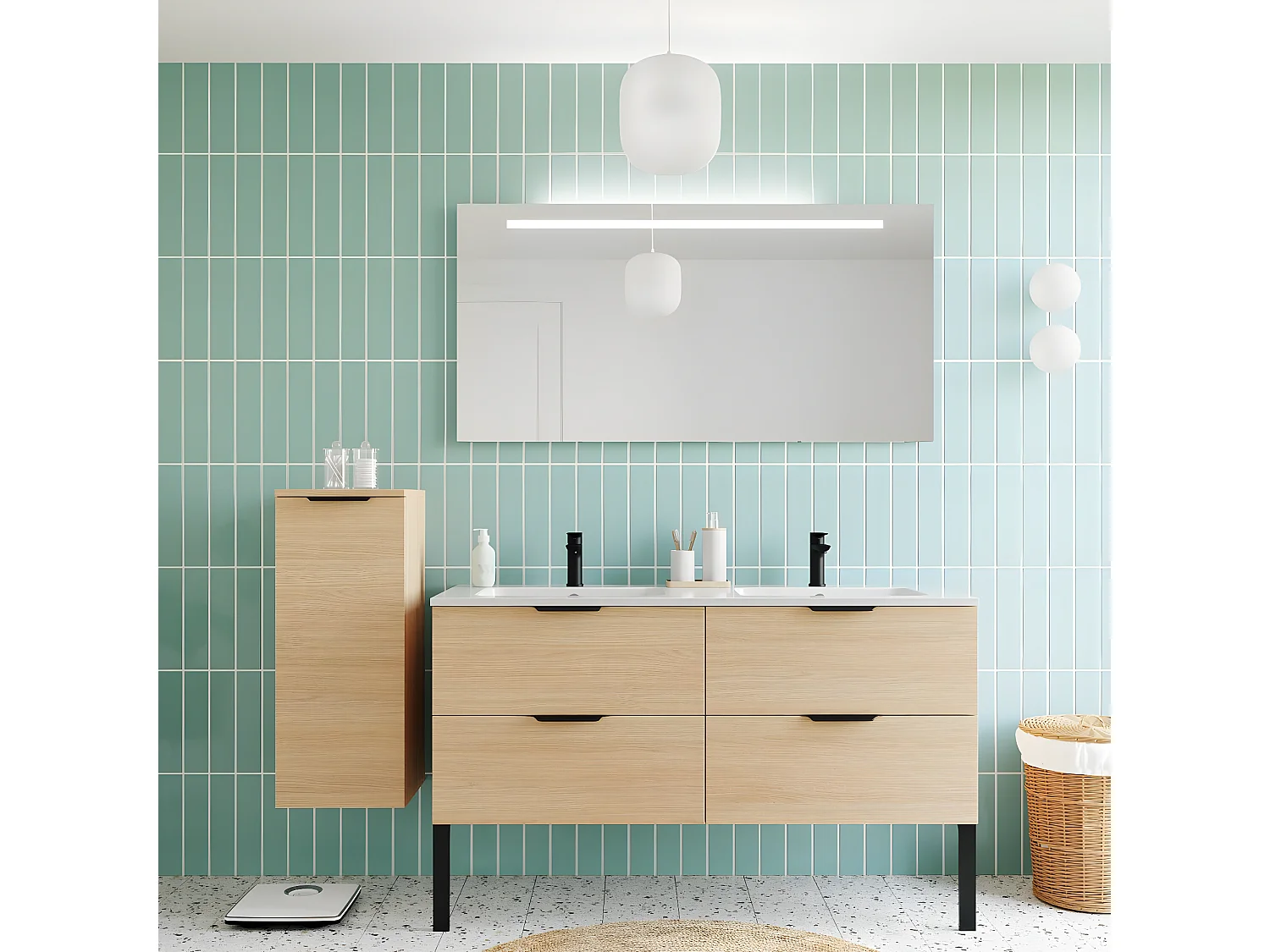 Meuble de salle de bain suspendu double vasque intégrée 140cm 4 tiroirs Chêne clair + miroir - Soho