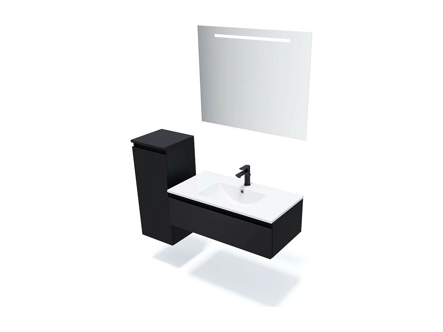 Meuble de salle de bain suspendu vasque intégrée 90cm 1 tiroir Noir + miroir - Hudson