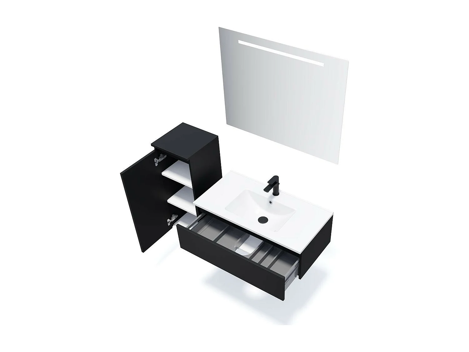 Meuble de salle de bain suspendu vasque intégrée 90cm 1 tiroir Noir + miroir - Hudson