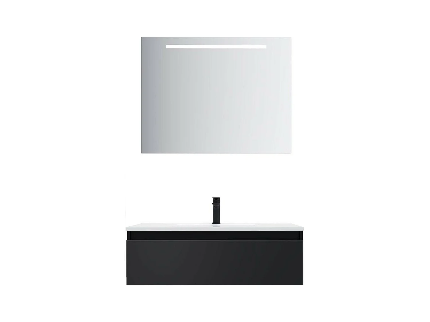 Meuble de salle de bain suspendu vasque intégrée 90cm 1 tiroir Noir + miroir - Hudson