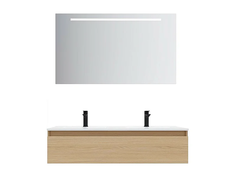 Meuble de salle de bain suspendu double vasque intégrée 120cm 1 tiroir Chêne clair + miroir - Hudson