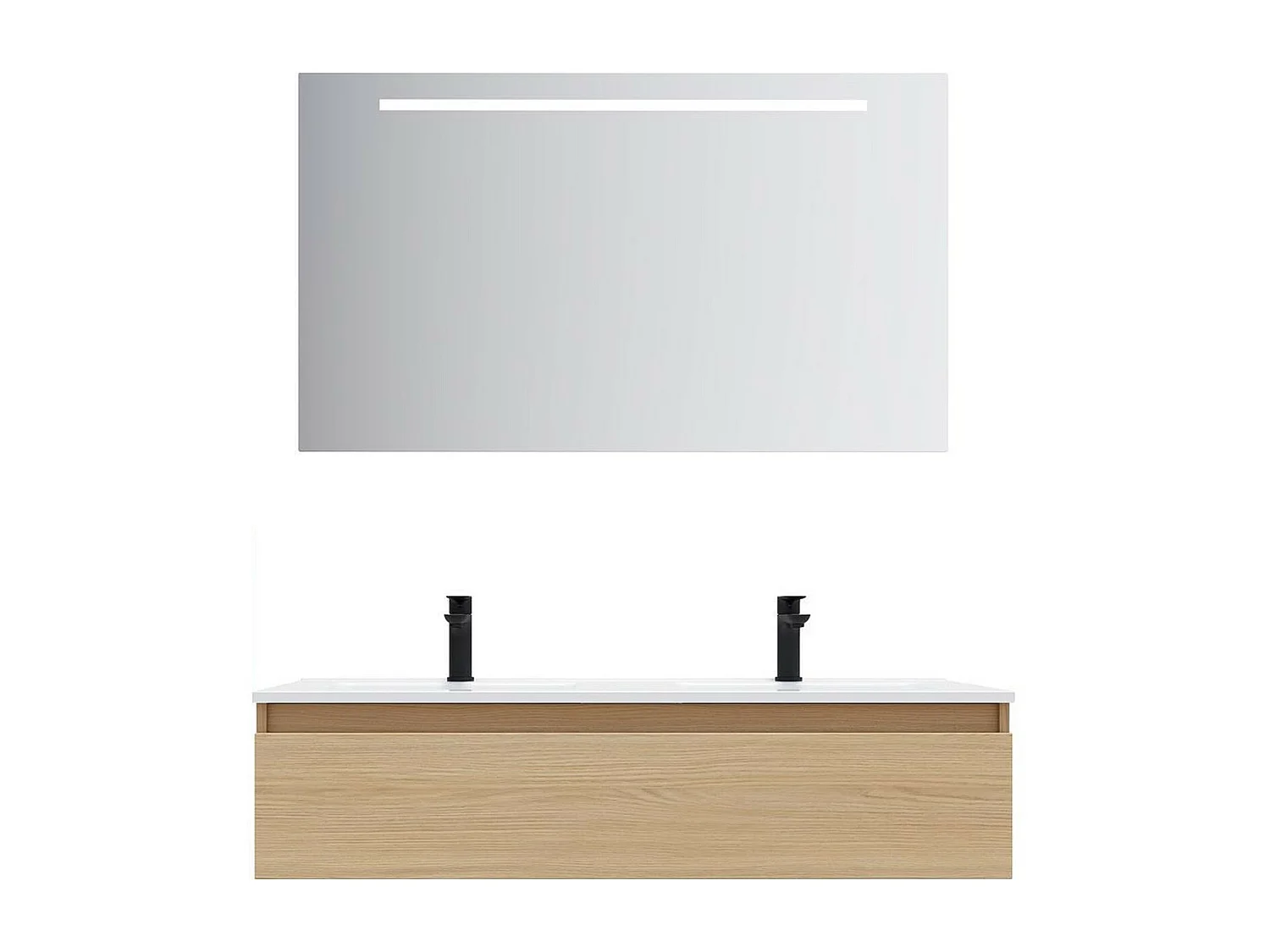 Meuble de salle de bain suspendu double vasque intégrée 120cm 1 tiroir Chêne clair + miroir - Hudson