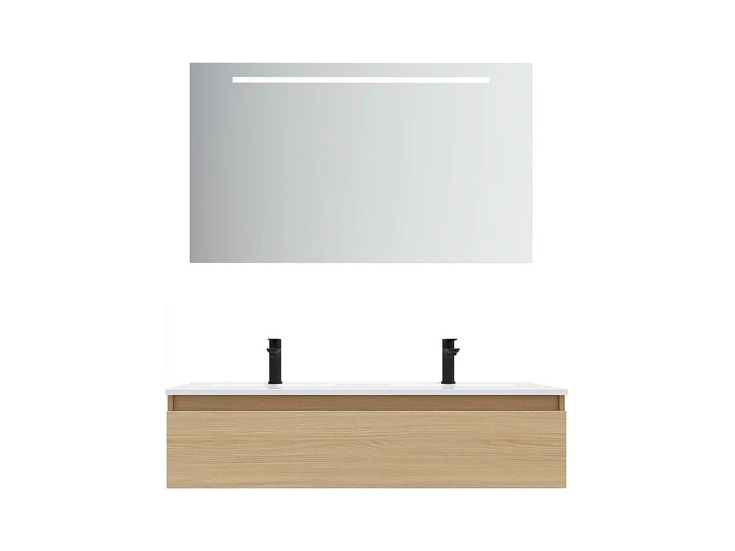 Meuble de salle de bain suspendu double vasque intégrée 120cm 1 tiroir Chêne clair + miroir - Hudson