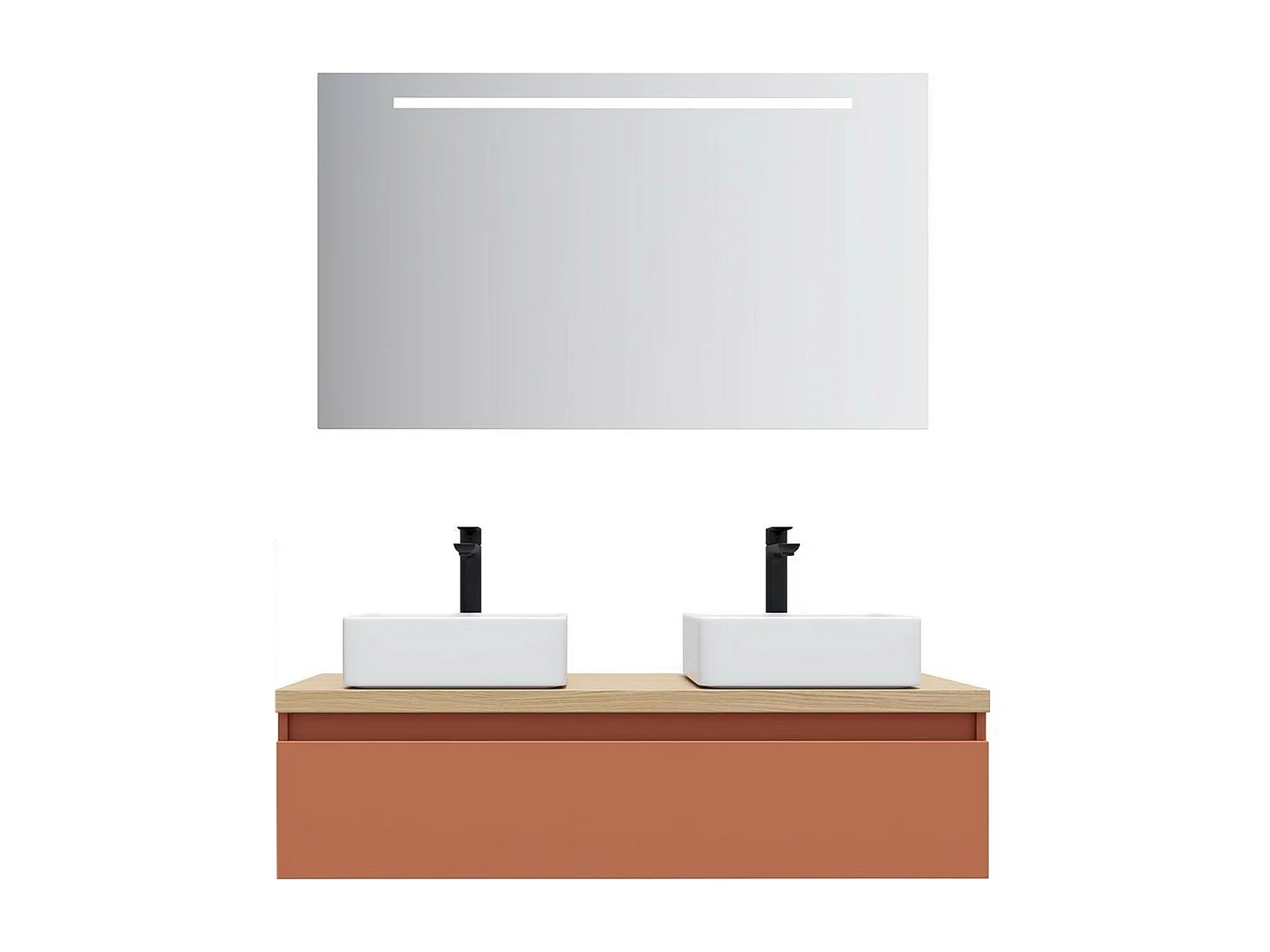 Meuble de salle de bain suspendu 2 vasques à poser 120cm 1 tiroir Terracotta + miroir - Hudson