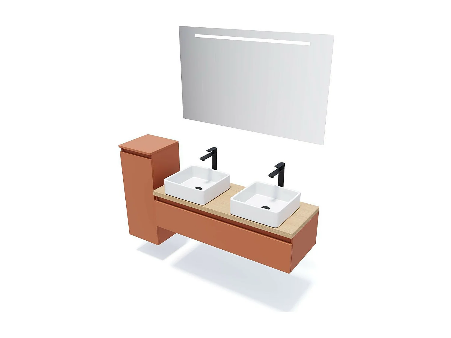 Meuble de salle de bain suspendu 2 vasques à poser 120cm 1 tiroir Terracotta + miroir - Hudson