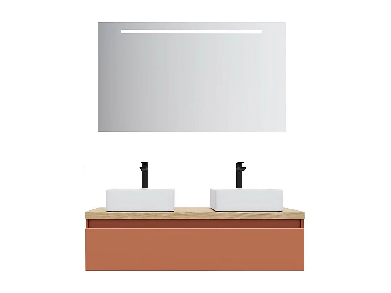 Meuble de salle de bain suspendu 2 vasques à poser 120cm 1 tiroir Terracotta + miroir - Hudson