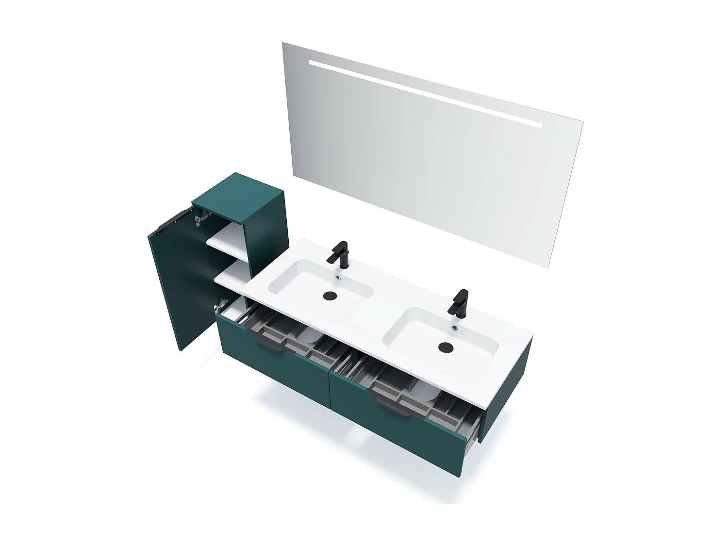 Meuble de salle de bain suspendu double vasque intégrée 140cm 2 tiroirs Bleu + miroir - Soho