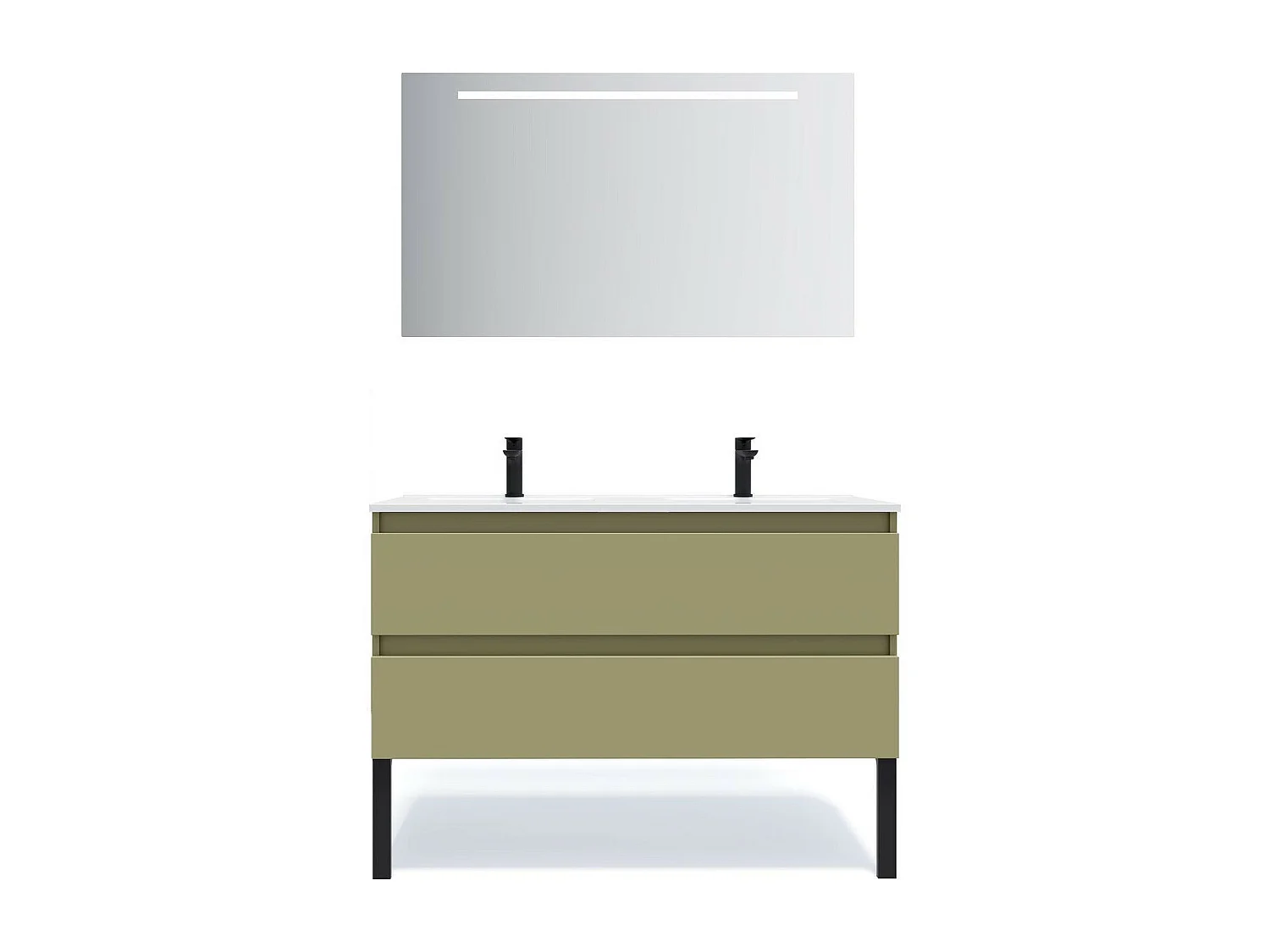 Meuble de salle de bain suspendu double vasque intégrée 120cm 2 tiroirs Vert olive + miroir - Hudson