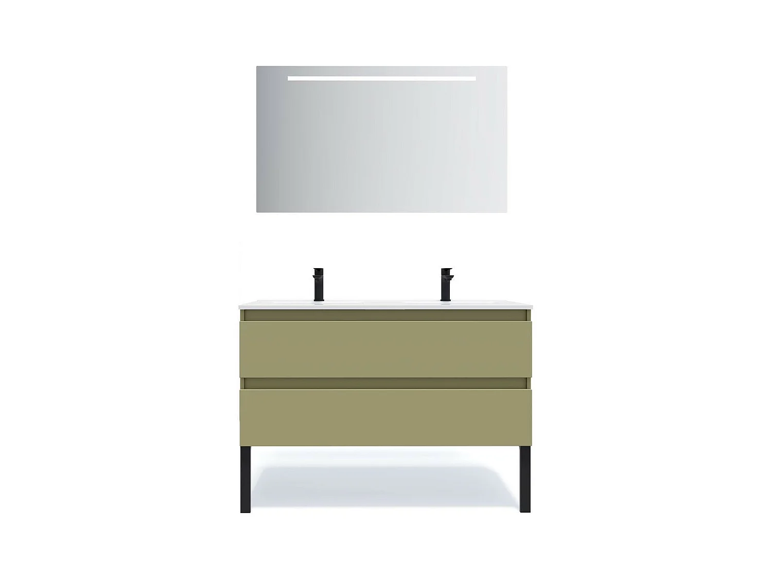 Meuble de salle de bain suspendu double vasque intégrée 120cm 2 tiroirs Vert olive + miroir - Hudson