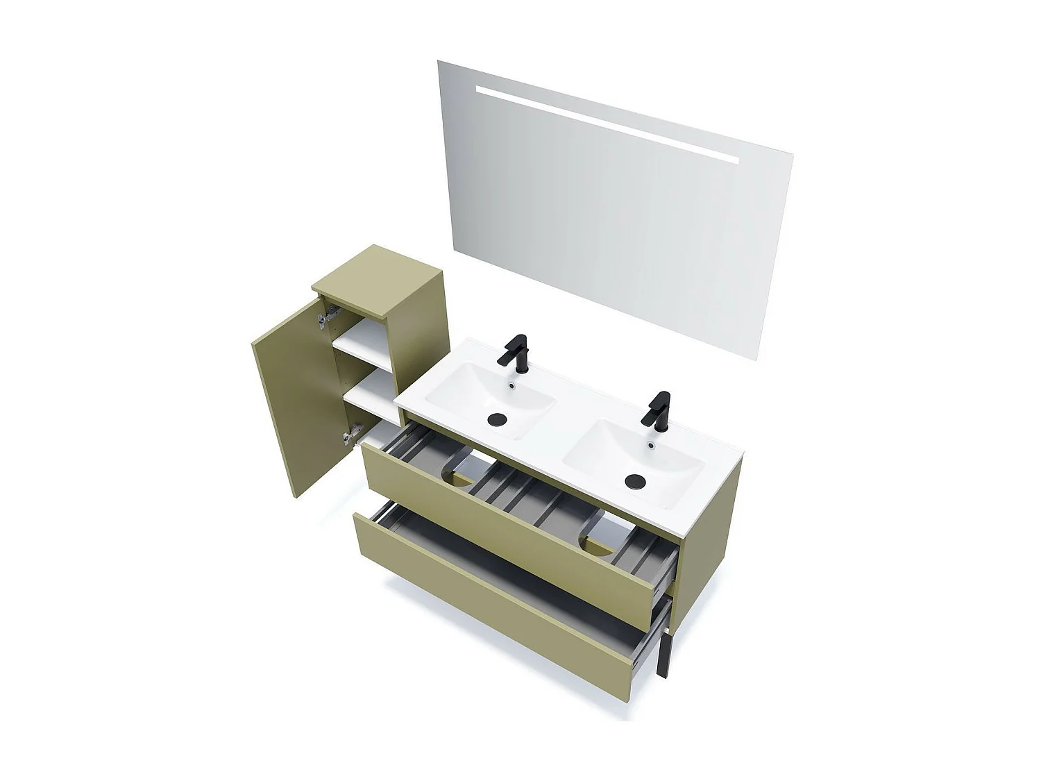 Meuble de salle de bain suspendu double vasque intégrée 120cm 2 tiroirs Vert olive + miroir - Hudson