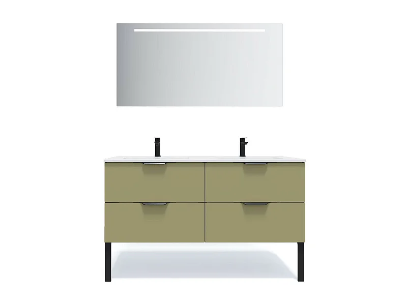 Meuble de salle de bain suspendu double vasque intégrée 140cm 4 tiroirs Vert olive + miroir - Soho
