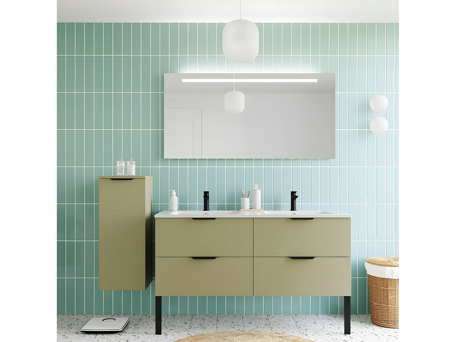 Meuble de salle de bain suspendu double vasque intégrée 140cm 4 tiroirs Vert olive + miroir - Soho