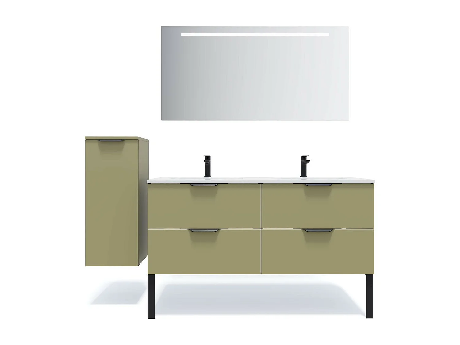 Meuble de salle de bain suspendu double vasque intégrée 140cm 4 tiroirs Vert olive + miroir - Soho