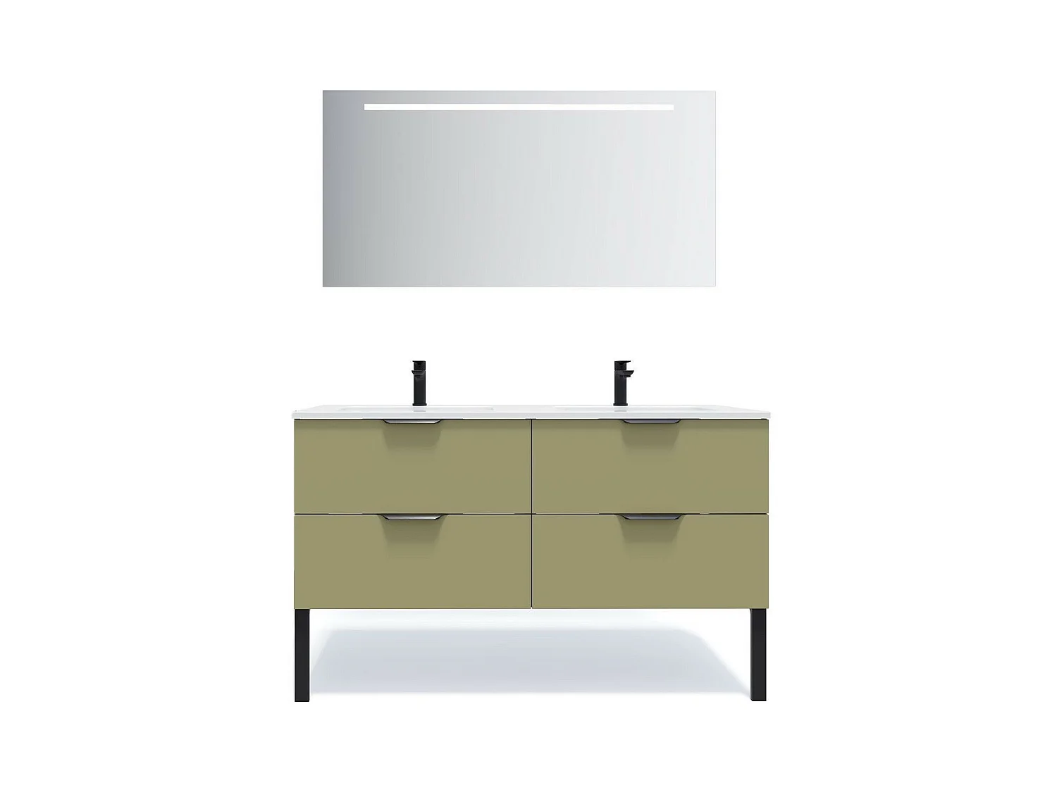 Meuble de salle de bain suspendu double vasque intégrée 140cm 4 tiroirs Vert olive + miroir - Soho